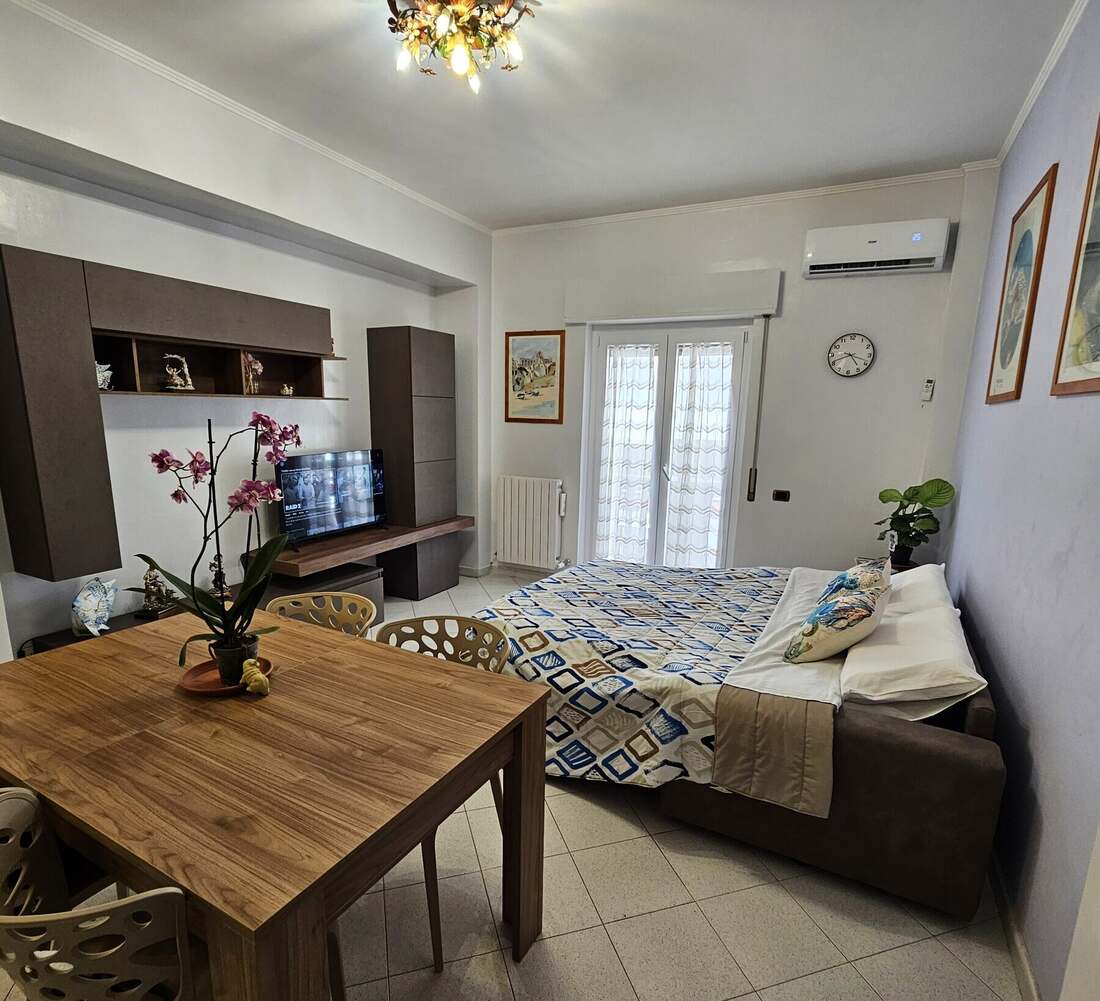 La sala con il divano letto aperto